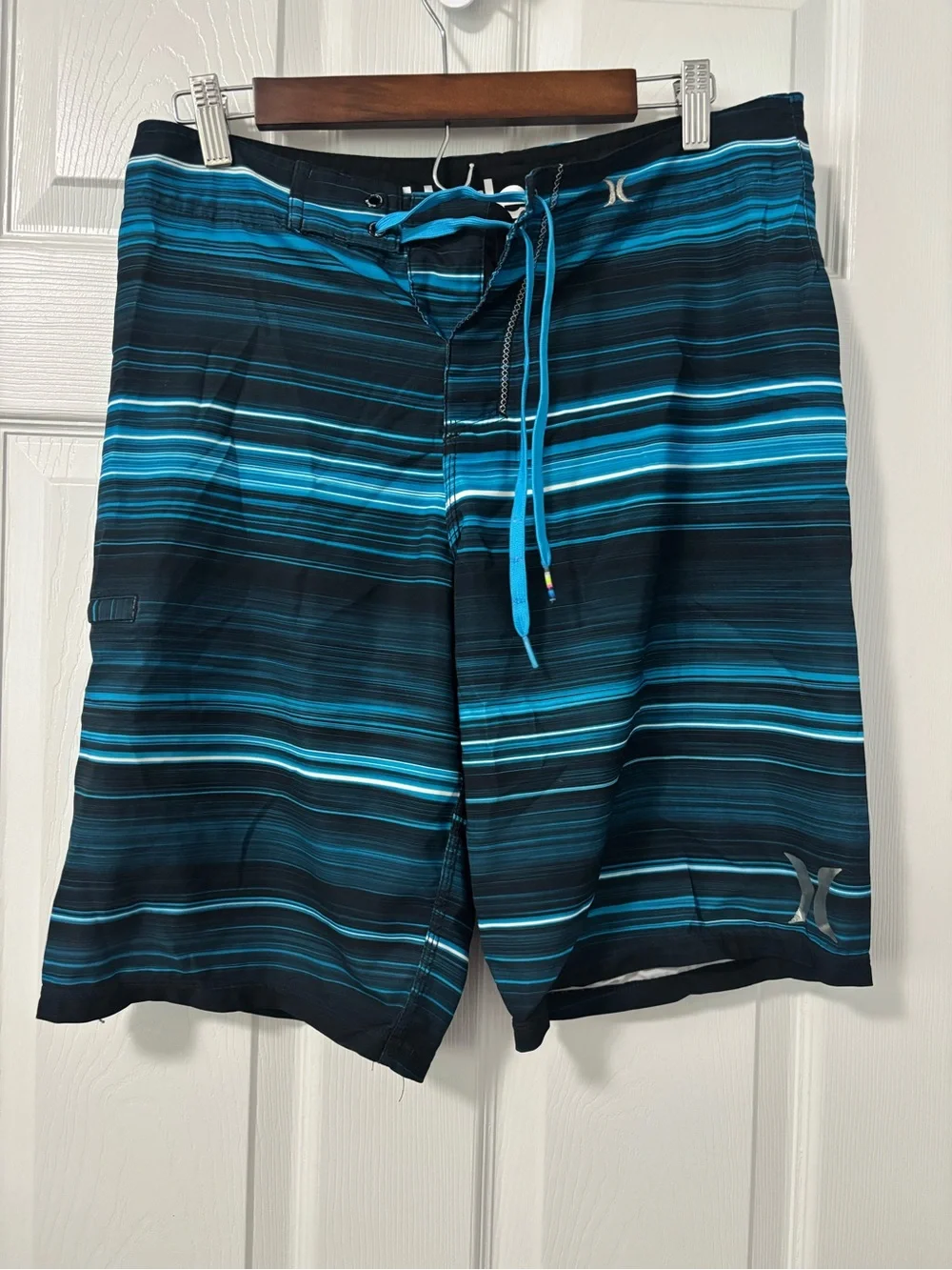 Hurley Men's Teal and Black Striped Board Shorts